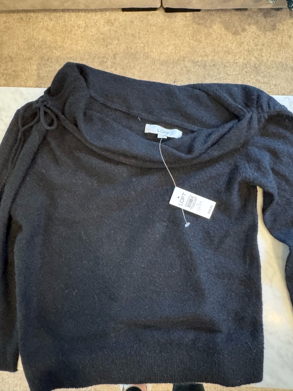 LOFT Black Off-Shoulder Drawstring Sweater